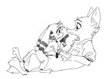  2018 anthro barefoot black_and_white blush canine cheek_tuft chest_tuft claws clothed clothing coveralls disney duo ear_markings eye_contact facial_markings female fox fuel_(artist) fur_markings gun handgun head_tuft holding_object holding_weapon jack_savage jumpsuit lagomorph lying male mammal markings monochrome necktie on_back on_top pistol rabbit ranged_weapon side_view simple_background skye_(zootopia) toe_claws tuft weapon white_background zootopia 