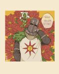  1boy absurdres arm_up armor blush_stickers chainmail commentary dark_souls_(series) dark_souls_i english_text flower head_tilt helm helmet highres ives_navarro knight male_focus mistletoe poinsettia red_flower scarf solaire_of_astora solo speech_bubble symbol-only_commentary tabard 