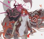  2girls amputee covered_eyes elden_ring elden_ring:_shadow_of_the_erdtree golden_sword helmet helmet_over_eyes highres hug long_hair malenia_blade_of_miquella mechanical_arms monster_girl multiple_girls nude prosthesis prosthetic_arm prosthetic_leg red_hair romina_saint_of_the_bud scarlet_aeonia_(elden_ring) simple_background single_mechanical_arm sword triple_amputee very_long_hair weapon xx_asui 