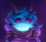 alfie_(fnf_mod) anthro arthropod black_tuft blue_body blue_fur cyan_glow dragon empty_eyes fluffy fluffy_hair friday_night_funkin&#039; fur hair hybrid insect lepidopteran long_hair looking_at_viewer lunagan male mkv8 moth mythological_creature mythological_scalie mythology neck_tuft open_mouth purple_glow scalie solo space stargazing tuft