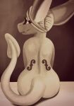 anthro black_body black_scales bowed_string_instrument butt female head_scarf headwrap hi_res inspired_by_formal_art kobold long_ears monochrome musical_instrument scales scalie sharp_teeth sitting slomnir solo spiked_tail spikes spikes_(anatomy) string_instrument tail tattoo teeth viola_(musical_instrument) violin white_body white_scales