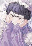  1boy :/ alternate_costume arms_up black_hair blunt_bangs blush closed_mouth commentary crossdressing dot_nose english_commentary enmaided frilled_headwear frills goshiki_tsutomu grey_eyes haikyuu!! hair_ribbon hand_on_own_face jacket long_sleeves looking_at_viewer maid maid_headdress male_focus purple_ribbon ribbon sal_gun short_hair sleeves_past_wrists slit_pupils solo tears track_jacket upper_body 
