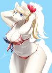  absurd_res anthro bear bikini blonde_hair blue_background blue_eyes breasts cleavage clothed clothing female flower flower_in_hair fur hair hi_res long_hair looking_at_viewer mammal plant polar_bear signature simple_background solo stars_and_stripes swimsuit united_states_of_america white_fur ナカムラ 