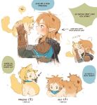  1boy 1girl anger_vein animal animal_collar animalization aqua_eyes aqua_tunic armor black_cloak blonde_hair brown_gloves cat cloak collar dirty dirty_face earrings english_commentary fingerless_gloves gloves green_eyes hair_ornament hair_tie hairclip hazeleafyy holding holding_animal holding_cat hood hooded_cloak jewelry leather_armor link low_ponytail open_mouth parted_bangs pointy_ears ponytail princess_zelda screw sidelocks spoken_anger_vein the_legend_of_zelda the_legend_of_zelda:_breath_of_the_wild thick_eyebrows tunic white_background 