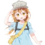  :d arm_up bad_id bad_pixiv_id bag blue_shirt blush brown_eyes brown_hair character_name collarbone commentary flat_cap grey_hat hat hataraku_saibou head_tilt long_hair looking_at_viewer open_mouth platelet_(hataraku_saibou) qlakwnd salute shirt short_sleeves shoulder_bag simple_background smile solo very_long_hair white_background 