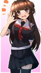  1girl absurdres ahoge black_hairband black_serafuku black_skirt breasts brown_hair cosplay double_bun hair_bun hairband highres kantai_collection kongou_(kancolle) long_hair looking_at_viewer medium_breasts miniskirt narashika_asuka neckerchief open_mouth pleated_skirt purple_eyes red_neckerchief school_uniform serafuku shiratsuyu_(kancolle) shiratsuyu_(kancolle)_(cosplay) short_sleeves skirt solo standing very_long_hair 