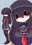  1girl black_eyes black_hair black_pantyhose black_sailor_collar black_serafuku black_shirt black_shoes blue_background closed_eyes expressionless hair_over_eyes highres ikkyuu long_sleeves neckerchief original outline pantyhose pleated_skirt projected_inset red_neckerchief sailor_collar school_uniform serafuku shirt shoes simple_background skirt solo white_outline 