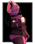 2025 5_fingers absolute_territory anthro apple_inc. arm_warmers armwear bat beverage big_breasts blazethefox border bottomwear breasts camisole choker cleavage clothed clothing electronics eyelashes facial_tuft fangs female fingers food fur furgonomics headphones hi_res holding_beverage holding_object huge_thighs ipod jewelry lacy_(blazethefox) legwear mammal membrane_(anatomy) membranous_wings music_player necklace pocky pocky_in_mouth portable_music_player purple_body purple_fur shorts side_view simple_background small_wings solo stockings teeth thick_thighs tuft white_border wide_hips wings