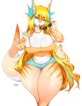  2018 anthro big_breasts blonde_hair blue_eyes breasts cherrikissu cleavage clothed clothing colored_nails digital_media_(artwork) eyewear female fish hair hi_res long_hair looking_at_viewer marine midriff non-mammal_breasts one_eye_closed shark signature simple_background solo stripes sunglasses thick_thighs white_background wink 