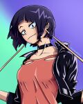  1girl audio_jack black_eyes black_jacket blunt_bangs boku_no_hero_academia breasts choker commentary earplugs english_commentary gradient_background highres jacket jiro_kyoka long_earlobes looking_at_viewer purple_hair red_shirt samandspies shirt short_hair smile solo two-tone_background 