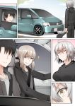  2girls ahoge artoria_pendragon_(all) blonde_hair breasts comic commentary faceless faceless_male fate/grand_order fate_(series) fujimaru_ritsuka_(male) ginhaha ground_vehicle hair_ribbon hat holding_hands jeanne_d'arc_(alter)_(fate) jeanne_d'arc_(fate)_(all) large_breasts mother_and_son motor_vehicle multiple_boys multiple_girls open_mouth pale_skin ponytail ribbon saber_alter seatbelt short_hair silent_comic silver_hair smile smug sparkle surprised track_suit van yellow_eyes 