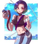  1girl absurdres armband bare_shoulders black_armband black_choker blue_hair bob_cut breasts brown_eyes camera choker crop_top denim gradient_hair grey_shirt highres holding holding_camera hoshinokotta index_finger_raised jeans loose_hair_strand medium_breasts midriff multicolored_hair pants perrin_(pokemon) photographer pokemon pokemon_sv ribbed_shirt shirt short_hair sleeveless sleeveless_shirt undershirt v-neck watch white_nails wristwatch 