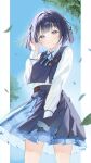  1girl blue_eyes blue_hair blue_overskirt blue_ribbon blue_skirt blue_sky blue_vest branch closed_mouth collared_shirt cowboy_shot falling_leaves gakuen_idolmaster hand_up hataya_misuzu hatsuboshi_gakuen_school_uniform highres idolmaster kuramoto_beta-carotene leaf long_sleeves looking_at_viewer making-of_available miniskirt mole mole_under_mouth neck_ribbon outside_border pillarboxed pleated_skirt ribbon school_uniform shirt short_hair skirt sky smile solo vest white_shirt 