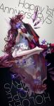  1girl absurdres anniversary barefoot blue_eyes crystal_wings dress flower hair_between_eyes heterochromia highres holding holding_flower hololive hololive_english horns irys_(hololive) long_hair pink_eyes pointy_ears purple_flower quasarcake red_hair shaded_face side_ponytail sidelocks sitting solo virtual_youtuber wariza white_dress 