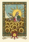  1boy absurdres armor banner blood border chainmail cloud commentary dark_souls_(series) dark_souls_i english_commentary field flower flower_field helm helmet highres impaled injury ives_navarro knight male_focus ornate_border outstretched_arm plume red_plume sky solaire_of_astora solo sun sunflower sword tabard weapon yellow_flower 