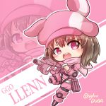  animal_hat asimo953 bangs big_head blush brown_hair bullpup bunny_hat character_name chibi commentary_request copyright_name d: eyebrows_visible_through_hair eyes_visible_through_hair gloves gun hat highres holding holding_gun holding_weapon jacket leg_up llenn_(sao) long_sleeves looking_at_viewer no_nose open_mouth outline p-chan_(p-90) p90 pants pink_background pink_eyes pink_gloves pink_hat pink_jacket pink_pants round_teeth short_hair simple_background slit_pupils solo submachine_gun sword_art_online sword_art_online_alternative:_gun_gale_online teeth twitter_username v-shaped_eyebrows weapon white_outline zoom_layer 