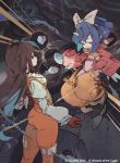  2girls ass black_hair bodysuit bow copyright_notice eiko_carol final_fantasy final_fantasy_ix floating floating_object garnet_til_alexandros_xvii gloves hair_bow horns jewelry long_hair low-tied_long_hair magic:_the_gathering multiple_girls necklace official_art overalls pink_bodysuit single_horn so-taro 