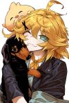  1girl ahoge aqua_shirt black_jacket blonde_hair blue_eyes dachshund dokibird_(vtuber) dokibird_(vtuber)_(bounty_hunter) dragoon_(dokibird) fang feather_hair hair_ornament haraya_manawari highres indie_virtual_youtuber jacket looking_at_viewer medium_hair neckerchief orange_neckerchief shirt skin_fang smile solo spurs virtual_youtuber white_background 