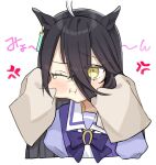  2girls :t agnes_tachyon_(umamusume) ahoge anger_vein black_hair blush bow bowtie cheek_pull disembodied_hand ear_tag earrings hair_between_eyes jewelry long_hair long_hair_between_eyes manhattan_cafe_(umamusume) multicolored_hair multiple_girls nochatea one_eye_closed puffy_short_sleeves puffy_sleeves purple_bow purple_bowtie purple_shirt sailor_collar school_uniform shirt short_sleeves simple_background single_earring sleeves_past_fingers sleeves_past_wrists solo_focus tearing_up tokiwadai_school_uniform translation_request umamusume variant_set very_long_hair white_background white_hair white_sailor_collar yellow_eyes 