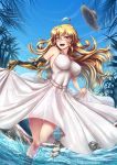  adsouto ahoge blonde_hair breasts commentary curtsey dress hat highres large_breasts long_hair open_mouth palm_tree pants prosthesis prosthetic_arm purple_eyes rwby sandals skirt_hold splashing spoilers straw_hat sundress taut_clothes taut_dress tree wading water yang_xiao_long 