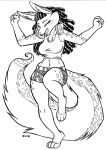  2018 anthro boko breasts canine cheek_tuft chest_tuft clothing crop_top dancing david_a_cantero dreadlocks elbow_tufts eyes_closed feline female fur gloves_(marking) halter_top headphones hi_res hybrid inner_ear_fluff jaguar mammal markings midriff monochrome navel open_mouth open_smile shirt shorts simple_background smile solo spots spotted_fur tuft wolf 
