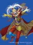 1boy artist_name asymmetrical_clothes blonde_hair blue_background blue_eyes blue_pants cape clown facepaint final_fantasy final_fantasy_vi fingerless_gloves foot_out_of_frame gloves kefka_palazzo magic:_the_gathering makitoyuito male_focus official_art open_mouth outstretched_arms pants pointy_ears ponytail red_pants smile solo square_enix two-sided_cape two-sided_fabric 