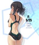  1girl alice_gear_aegis ass asuma_isami black_hair blue_eyes blush breasts competition_swimsuit dated from_behind looking_at_viewer medium_breasts one-piece_swimsuit racerback short_hair signature skindentation solo swimsuit takada_kazuhiro wet wet_clothes wet_hair wet_swimsuit 