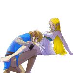  1boy 1girl aqua_eyes aqua_tunic barefoot big_egg526 black_gloves blonde_hair blush boots breasts brown_boots couple dress earrings fingerless_gloves gloves gold_necklace grey_pants hair_between_eyes hair_tie hetero highres jewelry kissing_thigh link long_dress long_hair low_ponytail medium_breasts necklace on_one_knee pants parted_bangs pointy_ears ponytail princess_zelda sidelocks strapless strapless_dress sweatdrop the_legend_of_zelda the_legend_of_zelda:_breath_of_the_wild tunic twitter_username wet white_background white_dress 