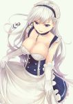  &gt;:) apron apron_hold azur_lane bare_shoulders belfast_(azur_lane) blue_collar blue_dress blue_eyes blue_hairband braid breasts chain cleavage collar collarbone commentary_request cowboy_shot culter dress eyebrows_visible_through_hair french_braid frilled_apron frilled_gloves frills from_above gloves green_background hairband large_breasts lips long_hair looking_at_viewer maid_apron maid_headdress petticoat silver_hair simple_background smile solo v-shaped_eyebrows waist_apron white_apron white_gloves 