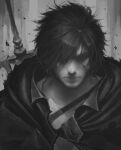  1boy arif_wijaya black_cloak black_hair clive_rosfield cloak closed_mouth debris facial_hair final_fantasy final_fantasy_xvi greyscale hair_between_eyes hair_over_one_eye male_focus messy_hair monochrome scar scar_on_cheek scar_on_face short_hair solo stubble upper_body weapon weapon_on_back 
