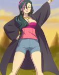  ^_^ arm_up bike_shorts blue_shorts breasts cleavage closed_eyes closed_mouth earrings eyebrows_visible_through_hair eyes_visible_through_hair green_hair hand_on_hip haruyama_kazunori hoop_earrings hugtto!_precure jewelry large_breasts lips long_hair long_sleeves multicolored_hair necklace outdoors papple_(precure) pink_hair precure red_lips shorts smile solo standing two-tone_hair 