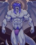  2018 5_fingers abs angry anthro armpit_hair biceps blue_fur blue_skin body_hair bulge canine chest_hair clothed clothing dragon fangs feralise fist fur glowing glowing_eyes hair hybrid intimidating looking_at_viewer male mammal membranous_wings muscular muscular_male muscular_thighs nipples purple_hair sabertooth_(feature) sharp_teeth snarling solo standing teeth topless wings wolf yellow_eyes 