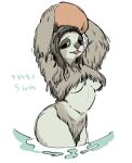 2025 anthro arms_above_head biped breasts chest_fur digital_drawing_(artwork) digital_media_(artwork) english_text female fur japanese_text long_fur looking_away mammal navel open_mouth pilosan sloth solo sori0414 text under_boob xenarthran