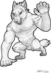  2018 animal_genitalia anthro balls canine conditional_dnp danza male mammal rakan scar sheath traditional_media_(artwork) were werewolf wolf 