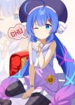  1girl ahoge aqua_ribbon ascot backpack bag black_bow black_pantyhose blowing_kiss blue_eyes blue_hair blue_shirt blunt_bangs blurry blurry_background bow braid chaakusu commentary_request depth_of_field gradient_clothes gradient_hair gradient_shirt hair_between_eyes hair_bow hair_ornament hair_ribbon hairclip hat hat_ribbon highres large_hat long_hair looking_at_viewer low-braided_long_hair low-tied_long_hair multicolored_hair multicolored_skirt o3o one_eye_closed otomachi_una otomachi_una_(talkex) pantyhose pink_ribbon pink_shirt pink_skirt plaid_bow plaid_pantyhose pleated_skirt purple_hair purple_hat randoseru red_bag ribbon sailor_collar sailor_shirt shadow shirt sitting skirt sleeveless sleeveless_shirt solo speech_bubble talkex v v-shaped_eyebrows very_long_hair voiceroid wariza watch white_ascot white_background white_ribbon white_sailor_collar wristwatch zoom_layer 