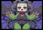 2025 4_fingers absurd_res accessory artist_name biped black_clothing blush bow_tie breasts claws clothed clothing colored cute_fangs digital_drawing_(artwork) digital_media_(artwork) elemental_creature elemental_humanoid eye_markings eyebrows eyelashes fangs female fingers flora_fauna flowey_the_flower for_a_head front_view fully_clothed green_body green_eyes hi_res humanoid leaf legwear looking_at_viewer lroach markings medium_breasts multicolored_body navel object_head open_mouth open_smile photoshop_flowey plant plant_humanoid portrait pose smile solo standing teeth text thorns three-quarter_portrait tube undertale undertale_(series) vines wide_hips