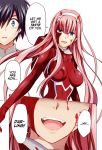  1girl bangs black_hair blood blood_on_face blue_eyes bodysuit breasts colorized comic commentary couple darling_in_the_franxx english english_commentary eyebrows_visible_through_hair fangs gloves hair_ornament hairband hard_translated hetero hiro_(darling_in_the_franxx) horns long_hair medium_breasts official_art oni_horns pilot_suit pink_hair red_bodysuit red_gloves red_horns ryu-geki speech_bubble third-party_edit white_hairband yabuki_kentarou zero_two_(darling_in_the_franxx) 