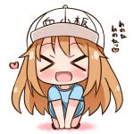  &gt;_&lt; :d all_fours bangs black_footwear blue_shirt blush boots character_name chibi closed_eyes commentary eyebrows_visible_through_hair facing_viewer flat_cap full_body hana_kazari hat hataraku_saibou heart light_brown_hair long_hair open_mouth platelet_(hataraku_saibou) shirt short_sleeves smile solo translated very_long_hair white_background white_hat xd 