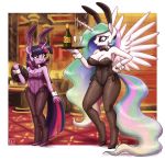  2018 5_fingers alcohol alpha_channel anthro beverage big_breasts blush booth bottle bow_tie breast_size_difference breasts bunny_costume carpet champagne cleavage clothed clothing costume cup cute detailed_background duo equine eyebrows eyelashes fake_ears fake_rabbit_ears feathered_wings feathers female footwear friendship_is_magic fully_clothed glass hair hand_on_hip hi_res high_heels holding_object hooves horn inside king-kakapo legwear leotard long_hair makeup mammal mascara multicolored_hair my_little_pony nervous open_mouth open_smile pantyhose playboy_bunny portrait princess_celestia_(mlp) purple_eyes rainbow_hair shoes smile sparkles spread_wings standing table tray twilight_sparkle_(mlp) waiter watermark white_feathers wine_glass winged_unicorn wings wrist_cuff 