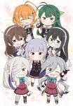  ahoge anniversary asashimo_(kancolle) asashimo_kai_ni_(kancolle) ashigara_(kancolle) ashigara_kai_ni_(kancolle) black_hair blunt_bangs brown_hair chibi closed_eyes commentary_request copyright_name dress glasses green_hair grey_hair greyscale grin highres index_finger_raised kantai_collection kasumi_(kancolle) kasumi_kai_ni_(kancolle) kaya_(kancolle) kiyoshimo_(kancolle) kiyoshimo_kai_ni_(kancolle) long_hair looking_at_viewer monochrome ooyodo_(kancolle) ooyodo_kai_(kancolle) orange_hair pinafore_dress pleated_dress school_uniform serafuku sharp_teeth short_hair sleeveless sleeveless_dress smile standing sugi_(kancolle) teeth tenshin_amaguri_(inobeeto) v 