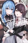  2girls absurdres animal_ears apron banken_(inui_toko) beret black_hair blue_eyes blue_hair bow braid buttons cat_ears double-breasted fang fingerless_gloves gloves hair_bow hair_ornament hairpin hat heterochromia highres hololive hoshimachi_suisei hoshimachi_suisei_(maid) hug inui_toko inui_toko_(7th_costume) looking_at_viewer maid maid_apron maid_headdress multiple_girls neck_ribbon nijisanji open_mouth parted_bangs red_eyes ribbon simoxia virtual_youtuber yellow_eyes 