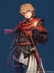  1boy blonde_hair blue_eyes commentary copyright_notice feathers final_fantasy final_fantasy_xvi glowing_feather holding holding_feather joshua_rosfield kuroi_susumu magic:_the_gathering official_art red_scarf scabbard scarf sheath simple_background solo standing sword weapon 