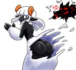 anthro big_butt black_body black_eyes black_fur black_hooves blush blush_lines bovid brown_horn butt caprine curved_horn dabloons ears_down exposed_butt female fur hair hi_res hooves horn mammal pivoted_ears sheep simple_background solo thick_thighs white_background white_body white_fur white_hair wide_hips