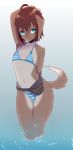  2018 anthro bikini blush bow breasts brown_fur brown_hair brown_nose canine clothed clothing coffeechicken dipstick_tail dog fanny_pack female flat_chested fur gradient_background hair hand_behind_head kess_(coffeechicken) mammal multicolored_fur multicolored_tail navel partially_submerged pose short_hair simple_background skimpy slim solo string_bikini swimsuit teal_eyes tongue tongue_out two_tone_fur water young 