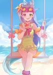  bare_shoulders beach blue_hair blush bow cloud cloudy_sky commentary crab day eyewear_on_head flower frilled_swimsuit frills green_eyes green_swimsuit hair_flower hair_ornament heterochromia highres hum_(ten_ten) inflatable_armbands league_of_legends long_hair looking_at_viewer pink_bow pool_party_zoe purple_eyes round_teeth rubber_duck scrunchie sitting sky smile solo summer swimsuit swing teeth upper_teeth very_long_hair zoe_(league_of_legends) 