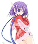  1girl 2000s_(style) ass bad_id black_panties blue_eyes closed_mouth commentary_request cowboy_shot dress karen_erra looking_at_viewer looking_back lowres panties phantasy_star phantasy_star_universe pink_dress pointy_ears purple_hair red_dress short_dress short_hair simple_background solo tokita two-tone_dress underbutt underwear white_background 