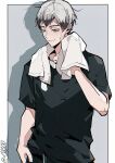  1boy arm_up black_hair black_pants black_shirt c138300 closed_mouth colored_tips cowboy_shot double-parted_bangs drop_shadow film_grain fingernails grey_hair haikyuu!! highres kita_shinsuke male_focus multicolored_hair pants shirt short_hair short_sleeves smile solo sweat towel towel_around_neck twitter_username yellow_eyes 