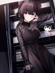  1girl :3 absurdres animal_ears banken_(inui_toko) black_dress brown_hair cat_ears cowboy_shot creature dress fang gonzalez_(machita_chima) hair_between_eyes heterochromia highres holding holding_microphone inui_toko inui_toko_(5th_costume) jewelry medium_hair microphone necklace nijisanji red_eyes red_nails see-through_clothes see-through_sleeves simoxia solo v v_over_eye virtual_youtuber yellow_eyes 