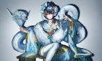  1girl absurdres blue_eyes blue_flower blue_hair blue_nails blue_ribbon closed_mouth floral_print floral_print_kimono flower fur_shawl hair_flower hair_intakes hair_ornament hand_fan highres holding holding_fan hololive hololive_english japanese_clothes kimono long_hair looking_at_viewer orange_flower ouro_kronii print_kimono quasarcake ribbon shawl short_hair sidelocks sitting smile snake solo thighhighs very_long_hair white_flower white_kimono white_snake white_thighhighs 