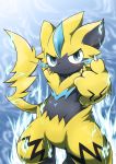  2018 3_toes ambiguous_gender blue_eyes fur nintendo pok&eacute;mon pok&eacute;mon_(species) simple_background solo toes tuft umi_ika_hen video_games whiskers yellow_fur zeraora 